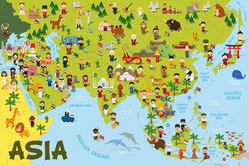 Funny cartoon map of Asia with childrens of different nationalities, representative monuments, animals and objects of all the countries. Vector illustration for preschool education and kids design.