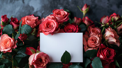 A white blank card in front of a bouquet of red roses