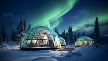 Fototapeta premium Igloo Hotel, igloo park , observing the northern lights