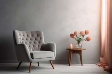 Modern interior design of living room with armchair, flowers, light empty mock-up wall and gray furniture, loft. Generative AI