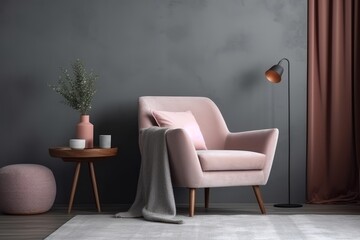 Modern living room, interior with grey wall, pink armchair, wood side table. Generative AI