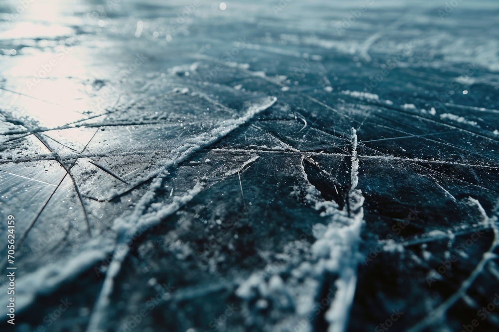 Poster a detailed view of the frozen surface of water. suitable for winter-themed designs and nature-relate