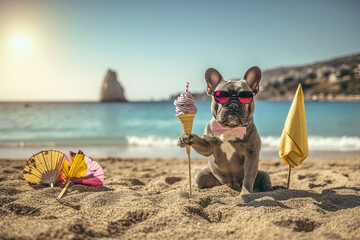 A comical moment of a funny looking dog wearing sunglasses eating ice cream under beach umbrella.