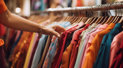 Second hand vintage clothes in a store on sale. Fashionable European used retro jeans, t-shirts, dresses, pants, hand of customer choosing clothes in a clothing store close shot, Ai generated image