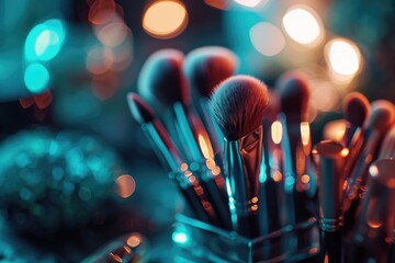 Makeup brushes neatly arranged in a glass container. Perfect for beauty bloggers or makeup enthusiasts - obrazy, fototapety, plakaty