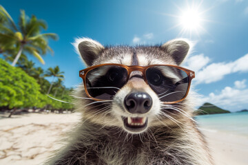 illustration of an raccon wearing sunglasses on the beach. Created with Generative AI