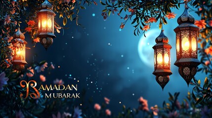 A Islamic lantern hanging in the tree and "Ramadan Mubarak" written, Generative AI.