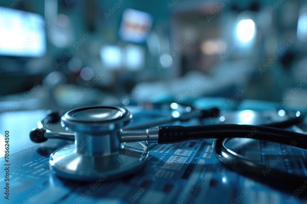 Poster a close-up view of a stethoscope resting on a table. this image can be used to represent medical equ