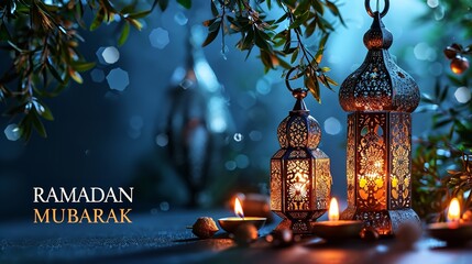 A Islamic lantern hanging tree night backdrop and "Ramadan Mubarak" written in side, Generative AI.