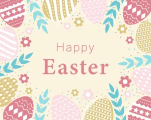 Poster Easter card with colorful eggs and flowers and leaves. Vector illustration  © HelgaLy