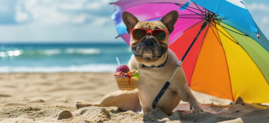 A comical moment of a funny looking dog wearing sunglasses eating ice cream under beach umbrella.