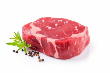 Raw beef steak with salt isolated on white background. Generative AI