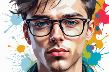 An abstract painting illustration portrait of a handsome young male person with glasses, colorful splashes