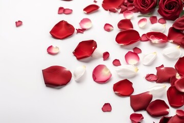 Red roses and rose petals on white background. Generative AI