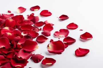 Red roses and rose petals on white background. Generative AI