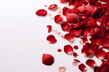 Red roses and rose petals on white background. Generative AI