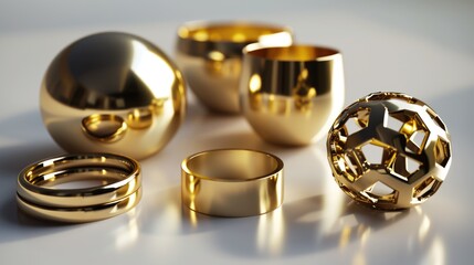 Gold rings arranged in a group on a table. Perfect for jewelry store advertisements or wedding-related designs