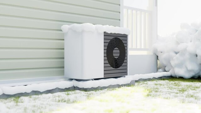 Animated photorealistic 3d render of a fictitious air source heat pump with a rotating fan mounted to a concrete base  on the outside of a house. Winter with snow.
