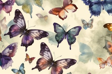 The pattern of butterflies. Seamless background. Watercolor illustration. Generative AI