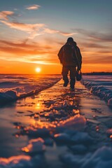 A man is seen walking across a frozen lake at sunset. This image can be used to depict winter activities or solitude in nature