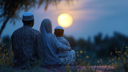A Muslim family gazing up at the night sky and the moon, copy space, Generative AI.