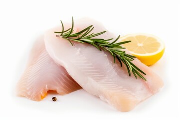 Tilapia fillet with a slice of lemon and rosemary isolated on white background. Generative AI