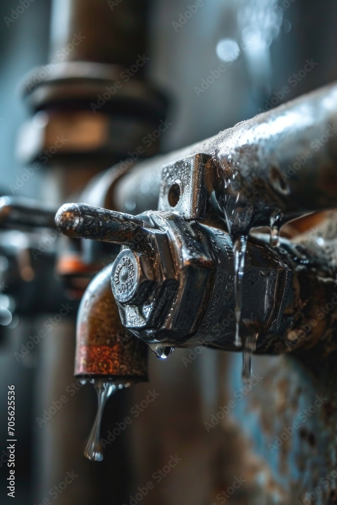 Poster a detailed view of a metal faucet with water dripping from it. ideal for illustrating concepts relat
