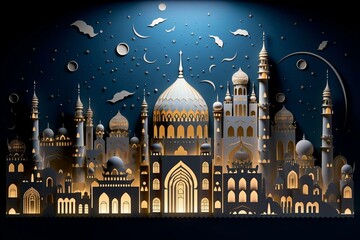Exquisite Eid paper-cut showcasing elegant mosques, clouds, moon, stars, and Ramadan lights. Generative AI