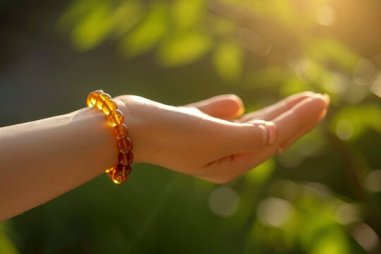 A woman's hand wearing an amber bracelet. Amber stone jewelry