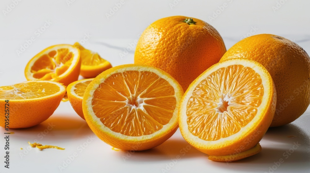 Poster a group of oranges cut in half on a table. perfect for food and beverage related designs