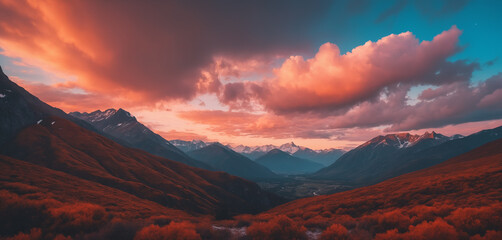 Fototapeta na wymiar Mountain landscape with orange-teal pinkish clouds 