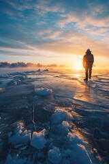 A man standing on a frozen lake with a fishing rod. Suitable for outdoor activities and winter...