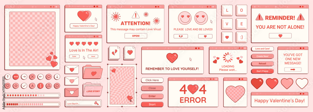 Canvas Prints set of y2k valentine day retro computer windows, buttons, messages and other romantic interface elem