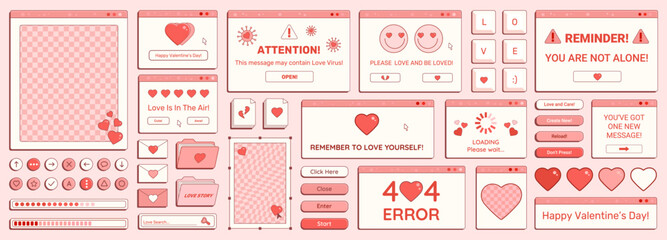 Set of Y2K Valentine Day retro computer windows, buttons, messages and other romantic interface elements with cheering phrases. Vector illustration. - obrazy, fototapety, plakaty