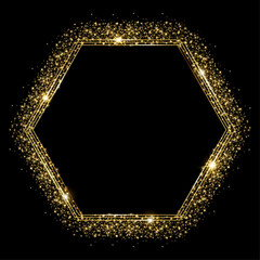 Vector template of shining gold frame, background with glitter for Christmas celebration party, New Year card, wedding, bachelorette party, baby shower party, logo, casino, birthday.