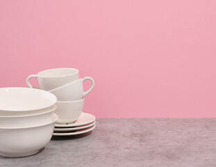 Modern dinnerware, ceramic crockery. Copy space for text.