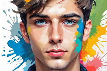 An abstract painting illustration portrait of a handsome young male person, colorful splashes