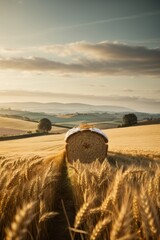 Fresh delicious fluffy bread on the background of a golden wheat field on a sunny day. Harvest, Agriculture, farming, small business concepts.