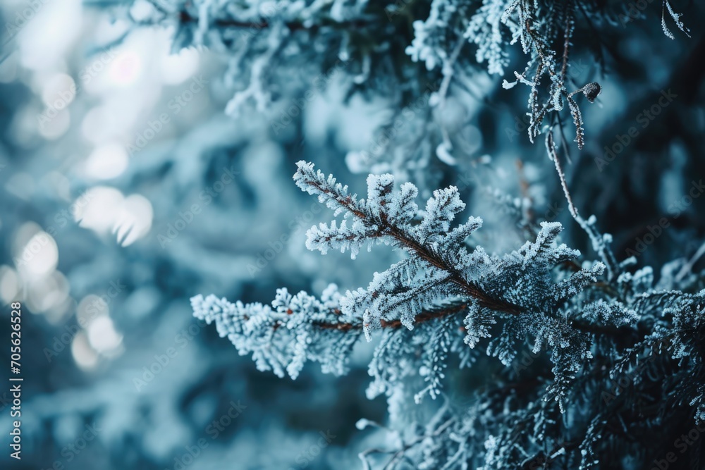 Poster A detailed view of a tree branch covered in frost. Perfect for winter-themed designs and nature-related projects