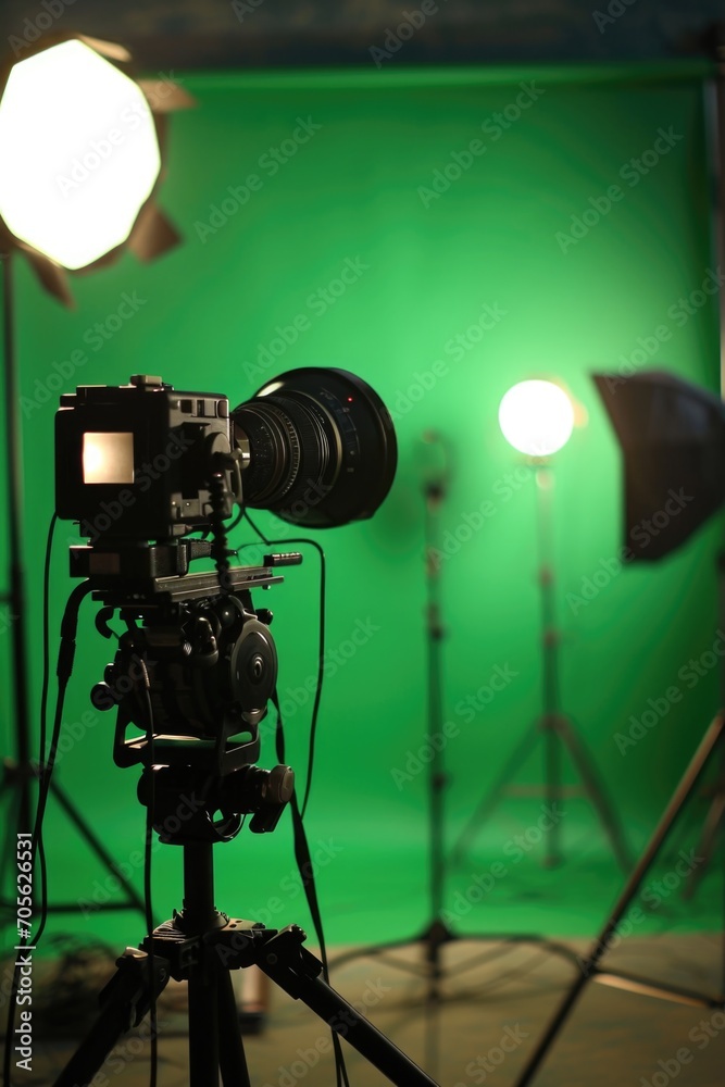 Poster A professional green screen studio setup with a camera and lights. This versatile image can be used for video production, film making, and digital content creation