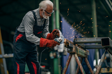 A senior blue collar worker is grinding at metallurgy factory.