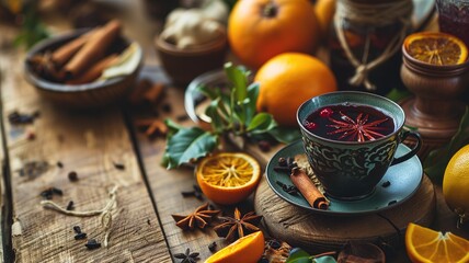 Mulled wine and spices with citrus fruits on a rustic table