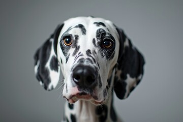 A close-up photograph of a Dalmatian dog's face. This picture can be used for various purposes such as pet care websites, dog breed articles, or animal-themed designs