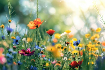 Fototapeta premium A vibrant field of flowers illuminated by the sunlight. Perfect for adding a touch of nature to any project