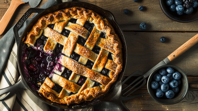 Pi Day special homemade blueberry pie baked in a skillet overhead view. AI Generative