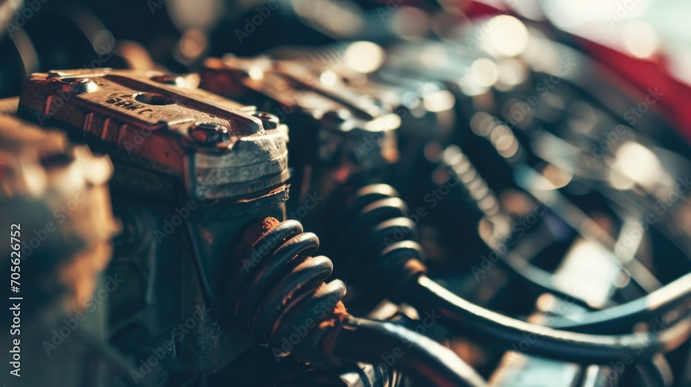 Poster a detailed close up view of a motorcycle engine. perfect for automotive enthusiasts and mechanics