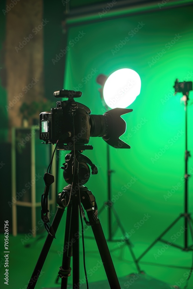 Poster A green screen with a camera on a tripod. Ideal for creating custom backgrounds or special effects in videos and photos