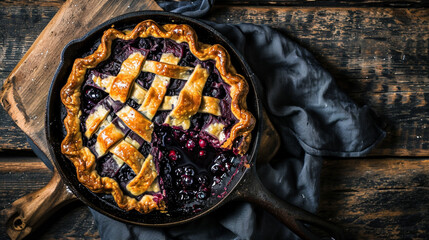 Pi Day special homemade blueberry pie baked in a skillet overhead view. AI Generative - obrazy, fototapety, plakaty