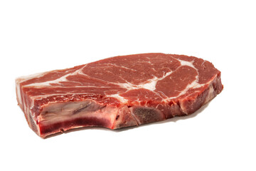 A raw beef steak, isolated on a white background.