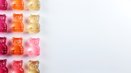 A distinct hue candies gummy bears in jelly on a pale pink backdrop, top view, copy space, Generative AI. - obrazy, fototapety, plakaty